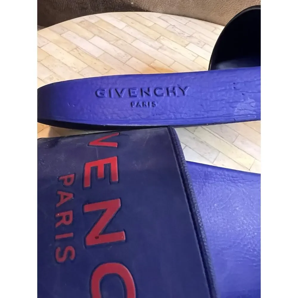 Givenchy Paris Logo Pool Slides in the Electric Blue and Red colorway